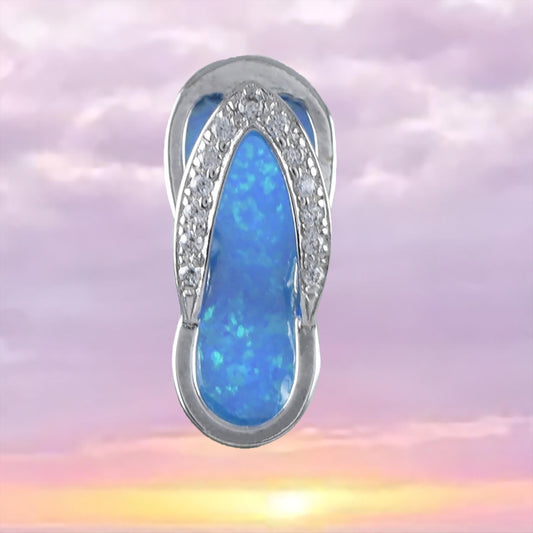 Pretty Hawaiian Blue Opal Slipper Necklace, Sterling Silver Opal CZ Sandal Filp-Flop Charm Pendant, N8840 Birthday Mom Gift - Hawaii Treasures Shop