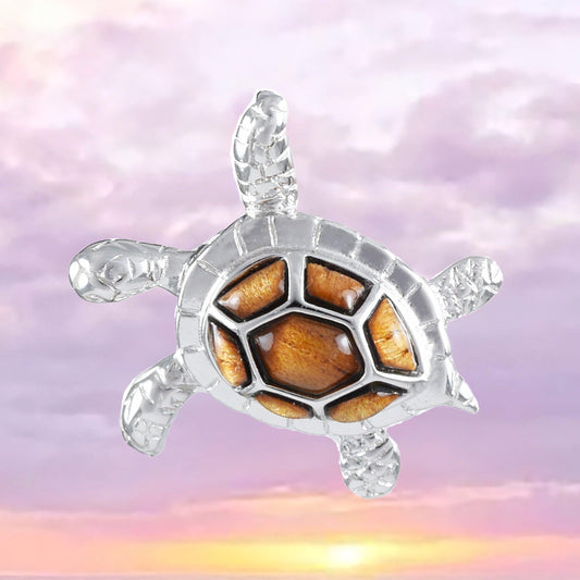 Unique Hawaiian Genuine Koa Wood Sea Turtle Necklace, Sterling Silver Koa Wood Turtle Pendant, N8503 Birthday Mother Wife Mom Gift - Hawaii Treasures Shop
