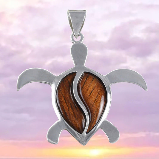 Unique Hawaiian X-Large Genuine Koa Wood Sea Turtle Necklace, Sterling Silver Koa Wood Turtle Pendant, N8504 Birthday Mother Mom Gift - Hawaii Treasures Shop