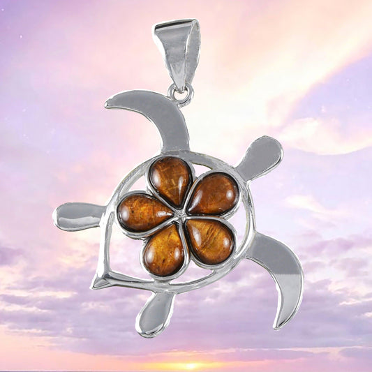 Beautiful Hawaiian X-Large Genuine Koa Wood Sea Turtle Necklace, Sterling Silver Koa Wood Plumeria Turtle Pendant, N8505 Birthday Mom Gift - Hawaii Treasures Shop
