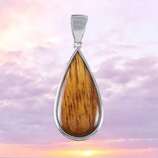 Unique Beautiful Hawaiian Genuine Koa Wood Rain Drop Necklace, Sterling Silver Koa Wood Rain Drop Pendant, N8520 Birthday Mom Mother Gift - Hawaii Treasures Shop