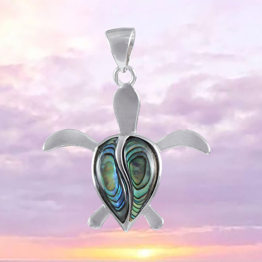 Unique Hawaiian Large Genuine Paua Shell Sea Turtle Necklace, Sterling Silver Abalone MOP Turtle Pendant, N8530 Mother Birthday Mom Gift - Hawaii Treasures Shop