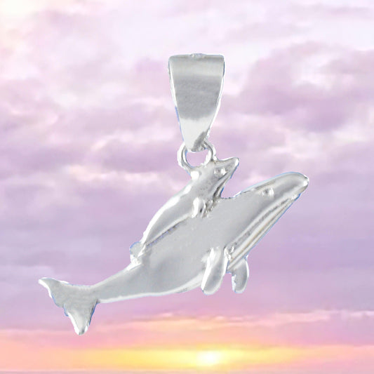 Unique Hawaiian Mom & Baby Humpback Whale Necklace, Sterling Silver Whale Family Pendant, N8528 Birthday Valentine Mom Gift - Hawaii Treasures Shop