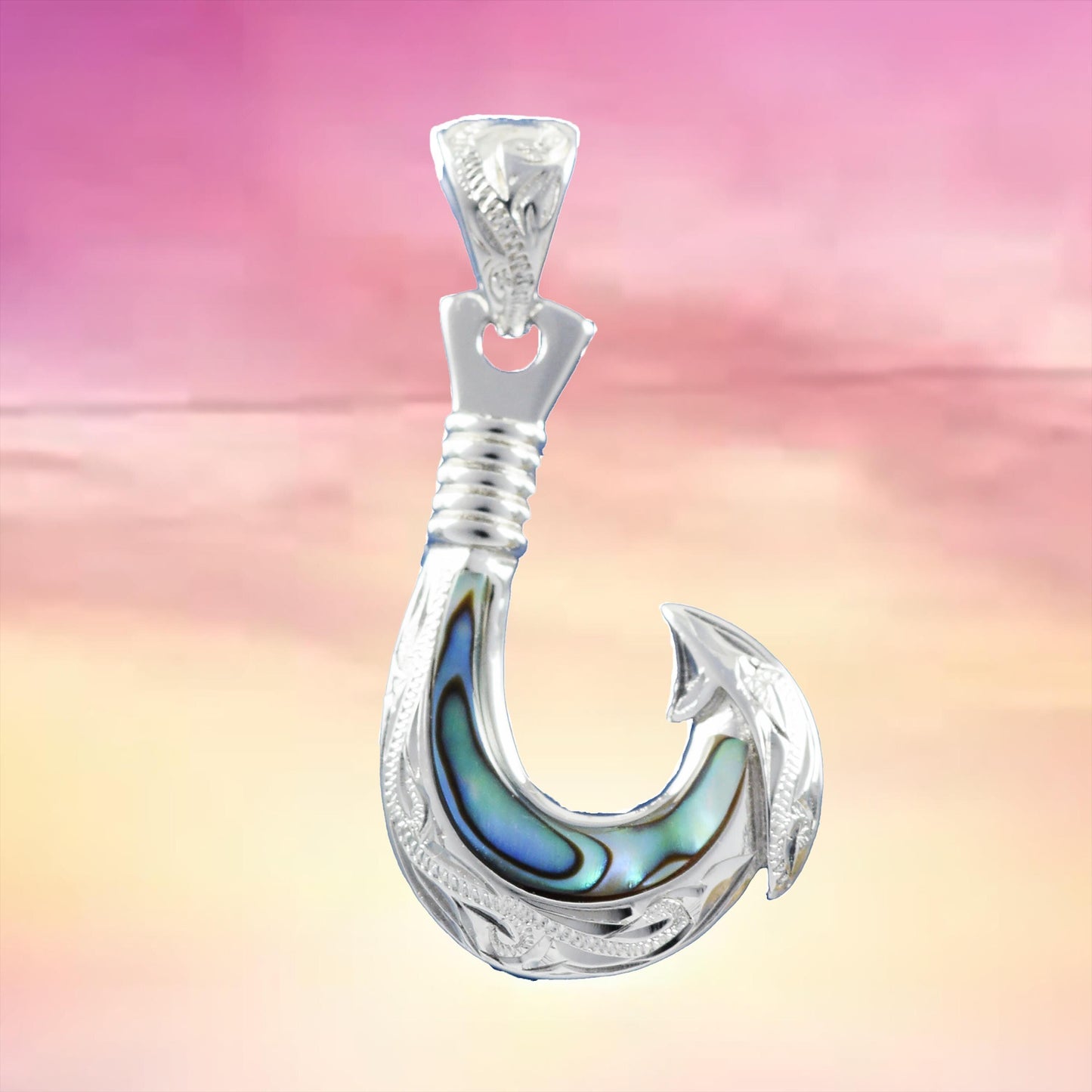 Unique Hawaiian Genuine Paua Shell Fish Hook Necklace, Sterling Silver Abalone MOP Fish Hook Pendant, N8851 Valentine Birthday Mom Gift 18