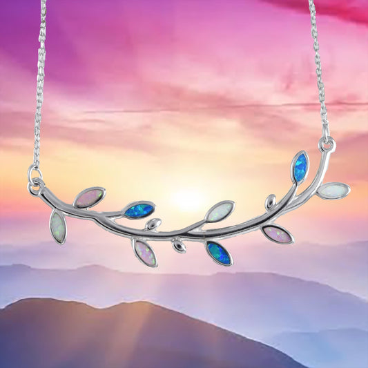 Unique Beautiful Hawaiian Tri-color Opal Maile Leaf Necklace, Sterling Silver Opal Maile Leaf Necklace, N8839 Birthday Mom Mother Gift - Hawaii Treasures Shop
