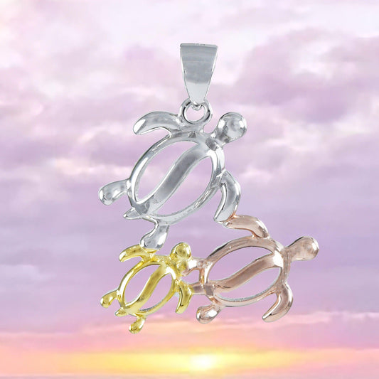 Beautiful Hawaiian Tri-color Mom & 2 Baby Sea Turtle Necklace, Sterling Silver Tri-color 3 Turtle Pendant, N8549 Birthday Mother Mom Gift - Hawaii Treasures Shop