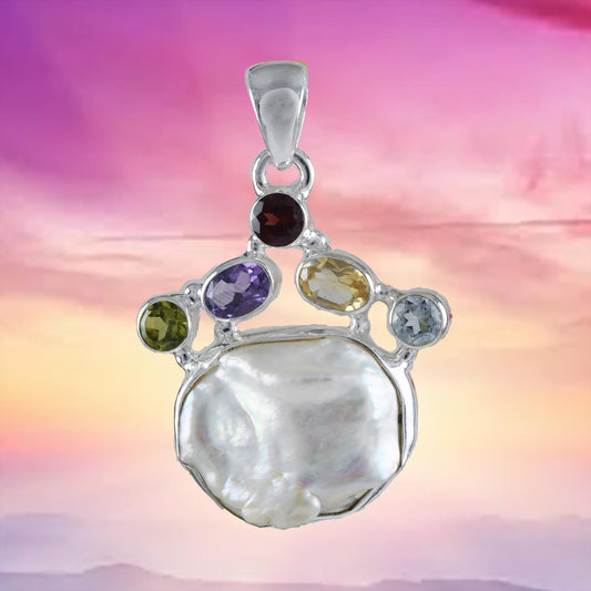 Gorgeous Hawaiian Large Genuine Peridot Citrine Amethyst Blue Topaz White Pearl Necklace, Sterling Silver Gemstone Pendant, N8865 - Hawaii Treasures Shop