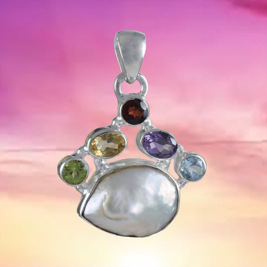 Gorgeous Hawaiian Large Genuine Peridot Citrine Amethyst Blue Topaz White Pearl Necklace, Sterling Silver Gemstone Pendant, N8872 - Hawaii Treasures Shop