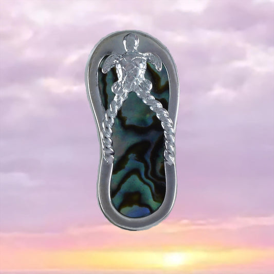 Unique Hawaiian Genuine Paua Shell Turtle Slipper Necklace, Sterling Silver Abalone MOP Sandal Pendant, N8845 Birthday Mother Gift - Hawaii Treasures Shop
