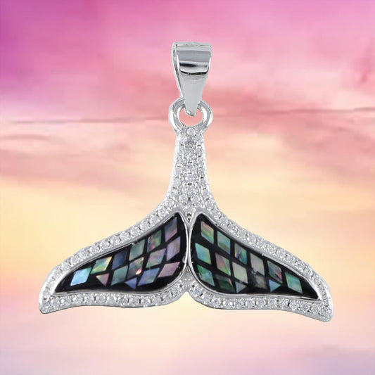 Unique Hawaiian Genuine Paua Shell Whale Tail Necklace, Sterling Silver Abalone MOP Whale Tail CZ Pendant, N8850 Mother Birthday Mom Gift - Hawaii Treasures Shop