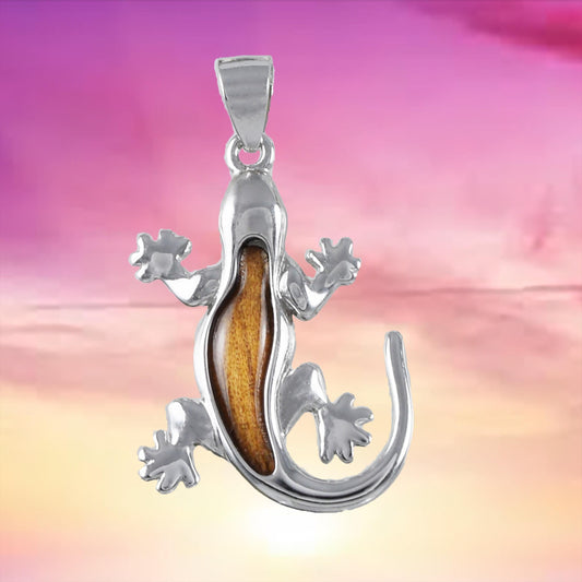 Unique Beautiful Hawaiian Genuine Koa Wood Gecko Necklace, Sterling Silver Koa Wood Gecko Pendant, N8864 Birthday Mom Gift, Statement PC - Hawaii Treasures Shop