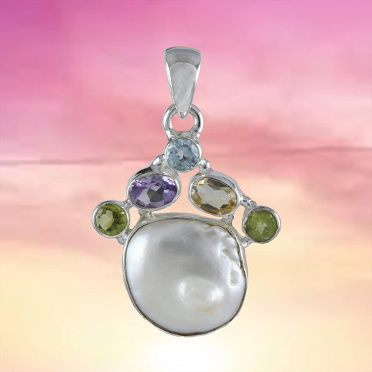 Gorgeous Hawaiian Large Genuine Peridot Citrine Amethyst Blue Topaz White Pearl Necklace, Sterling Silver Gemstone Pendant, N8867 - Hawaii Treasures Shop