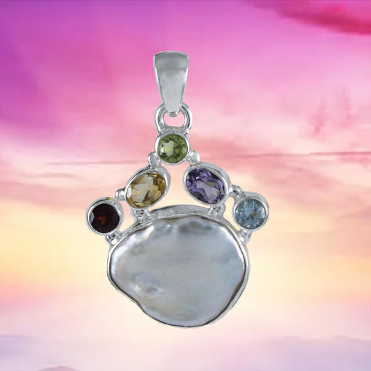 Gorgeous Hawaiian Large Genuine Peridot Citrine Amethyst Blue Topaz White Pearl Necklace, Sterling Silver Gemstone Pendant, N8870 - Hawaii Treasures Shop