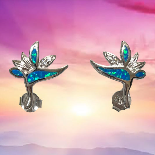 Pretty Hawaiian Bird of Paradise Earring, Sterling Silver Blue Opal Bird of Paradise CZ Stud Earring, E4169 Birthday Wife Mom Gift - Hawaii Treasures Shop