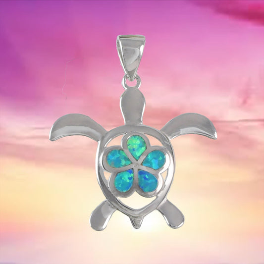 Beautiful Hawaiian Large Blue Opal Sea Turtle Plumeria Necklace, Sterling Silver Blue Opal Plumeria Turtle Pendant, N6160 Birthday Mom Gift - Hawaii Treasures Shop