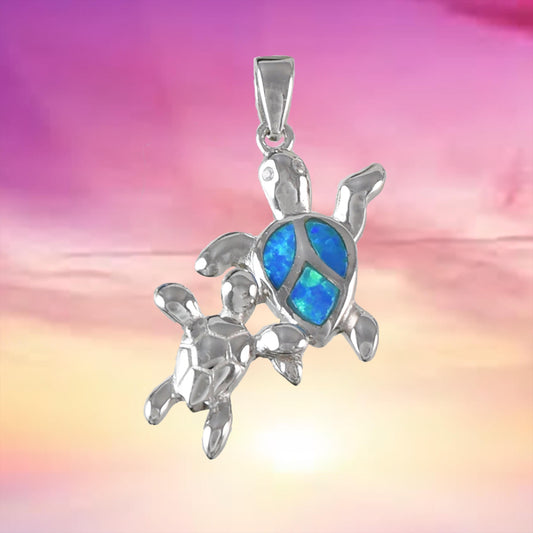 Beautiful Hawaiian Mom & Baby Blue Opal Sea Turtle Necklace, Sterling Silver Blue Opal Turtle Pendant N6157 Birthday Mother Wife Mom Gift - Hawaii Treasures Shop