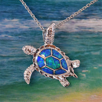 Pretty Hawaiian Sea Turtle Necklace, Sterling Silver Blue Opal Turtle Pendant, N6021 Birthday Valentine Wife Mom Gift, Island Jewelry