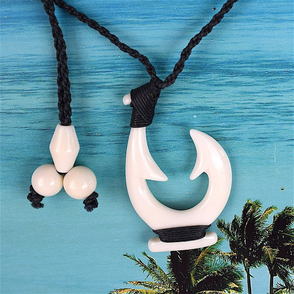 Unique Hawaiian Large Fish Hook Necklace, Hand Carved Buffalo Bone Fish Hook Pendant, B6164 Birthday Valentine Gift, Island Jewelry