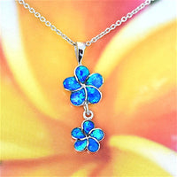 Beautiful Hawaiian 2 Blue Opal Plumeria Necklace, Mother & Daughter, Sterling Silver Opal Plumeria Flower Pendant, N2089 Birthday Mom Gift