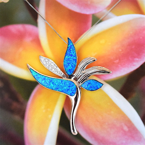 Gorgeous Hawaiian XX-Large Blue Opal Bird of Paradise Necklace, Sterling Silver Opal Bird of Paradise CZ Pendant, N2333 Birthday Mom Gift
