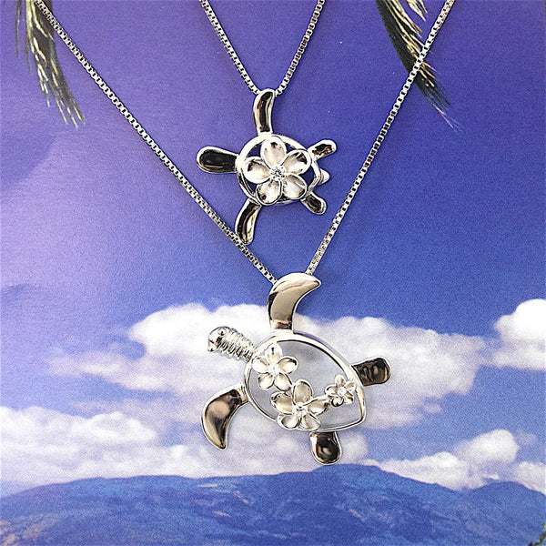 Unique Mother Daughter Matching Hawaiian Sea Turtle Necklace, Sterling Silver Turtle Plumeria CZ Pendant, N7022 Big Little Sister