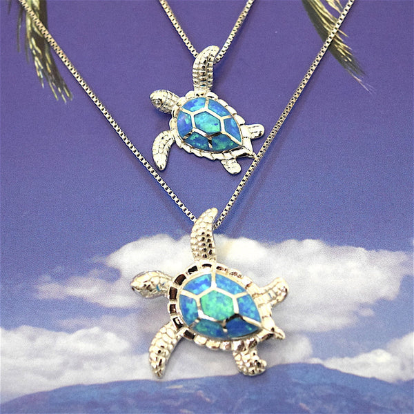 Mother Daughter Hawaiian Sea Turtle Matching Necklace, Sterling Silver Blue Opal Turtle Pendant, N7031 Mom Wife Gift, Big Little Sister