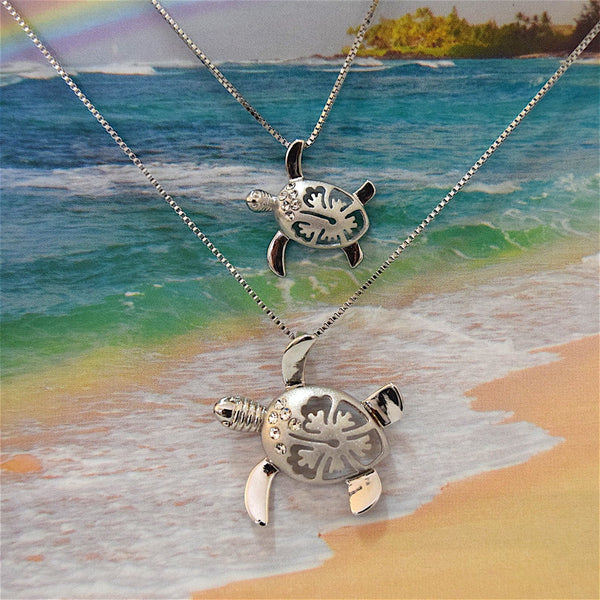 Mother Daughter Hawaiian Sea Turtle Matching Necklace, Sterling Silver Turtle Hibiscus CZ Pendant, N7001 Big Little Sister Birthday Mom Gift