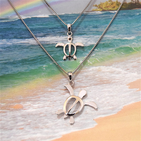 Mother Daughter Hawaiian Sea Turtle Matching Necklace, Sterling Silver Turtle Pendant, N7008 Big Little Sister, Birthday Mom Wife Gift