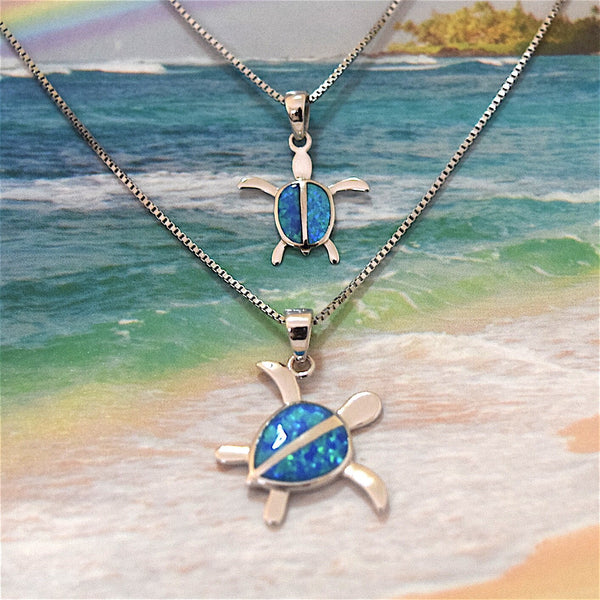 Pretty Mother Daughter Hawaiian Opal Sea Turtle Matching Necklace, Sterling Silver Blue Opal Turtle Pendant, N7014 Big Little Sister