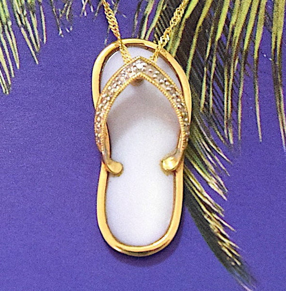 Unique Hawaiian Large Genuine Diamond Slipper Pendant, 14KT Solid Yellow-Gold Slipper Purple Mother of Pearl Pendant, P5252 Birthday Gift