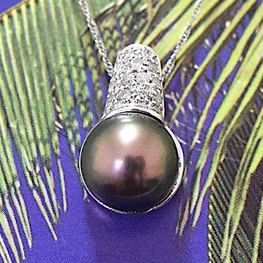 Beautiful Hawaiian Genuine Tahitian Pearl Diamond Pendant, 14KT Solid White-Gold Tahitian Pearl Diamond Slide, P5041 Birthday Mom Gift