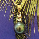Pretty Hawaiian Genuine Black Pearl Pendant, 14KT Solid Yellow-Gold Black Pearl Diamond Pendant, P5111 Birthday Mom Wife Valentine Gift