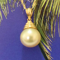 Elegant Hawaiian Genuine South-Sea Pearl Pendant, 14KT Solid Yellow-Gold South-Sea Golden-Pearl Pendant, P5066 Birthday Mom Gift, Statement