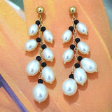 Unique Hawaiian Large Genuine White Pearl Earring, 14KT Solid Yellow-Gold White Pearl Black Coral Dangle Earring, E5568 Statement PC