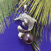 Gorgeous Hawaiian Large Genuine Black Pearl Dolphin Pendant, 14KT Solid White-Gold Black Pearl Diamond Pendant, P5045 Birthday Mom Gift