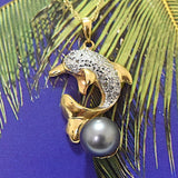 Unique Hawaiian Genuine Tahitian Pearl Dolphin Diamond Pendant, 14KT Solid Yellow-Gold Tahitian Pearl Diamond Pendant, P5013 Statement PC