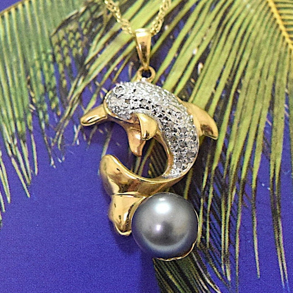 Unique Hawaiian Genuine Tahitian Pearl Dolphin Diamond Pendant, 14KT Solid Yellow-Gold Tahitian Pearl Diamond Pendant, P5013 Statement PC