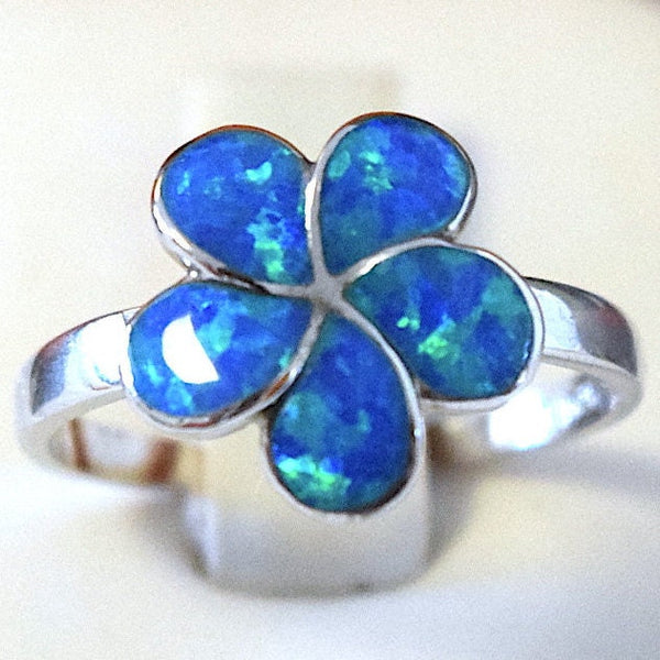 Beautiful Hawaiian Blue Opal Plumeria Ring, Sterling Silver Blue Opal Plumeria Flower Ring R1017 Birthday Mom Valentine Gift, Island Jewelry