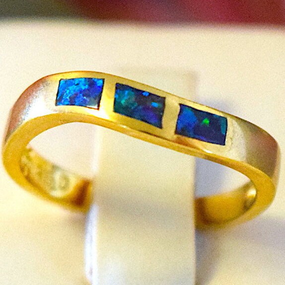 Beautiful Hawaiian Opal Wave Ring, Sterling Silver Yellow Gold-Plated Opal Inlay Ring, R1022 Anniversary Birthday Mom Wife Valentine Gift