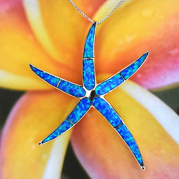 Gorgeous Hawaiian XX-Large Blue Opal Starfish Necklace, Sterling Silver Opal Star Fish Pendant N2344A Birthday Valentine Gift, Statement PC