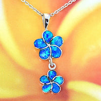 Beautiful Hawaiian 2 Blue Opal Plumeria Necklace, Mother & Daughter, Sterling Silver Opal Plumeria Flower Pendant, N2089 Birthday Mom Gift