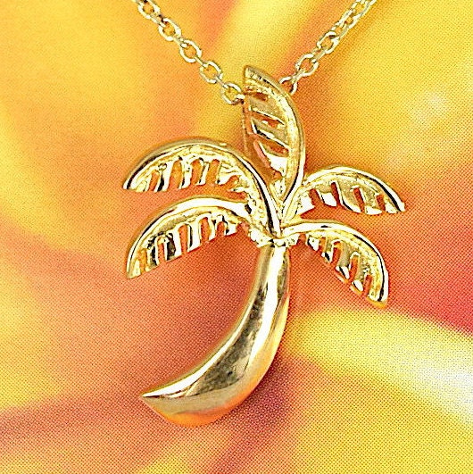 Pretty Hawaiian Palm Tree Necklace, Sterling Silver Yellow-Gold Plated Palm Tree Pendant, N2631 Birthday Mom Wife Girl Valentine Gift
