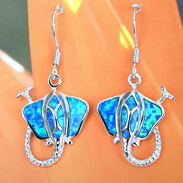 Unique Gorgeous Hawaiian Large Blue Opal Stingray Earring, Sterling Silver Opal Sting Ray Dangle Earring, E4120 Birthday Gift, Statement PC