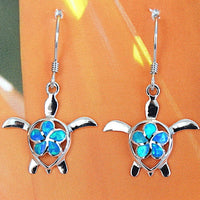 Beautiful Hawaiian Blue Opal Plumeria Sea Turtle Earring, Sterling Silver Blue Opal Plumeria Turtle Dangle Earring, E4102 Birthday Mom Gift