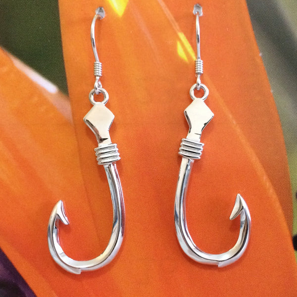 Unique Stunning Hawaiian X-Large 3D Fish Hook Earring, Sterling Silver Fish Hook Dangle Earring, E4141A Valentine Birthday Mom Gift