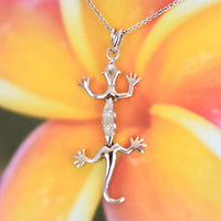 Unique Hawaiian Large Gecko Necklace, Sterling Silver Gecko CZ Movable Leg Pendant, N2244 Valentine Birthday Anniversary Mom Wife Gift