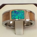 Unique Hawaiian Genuine KOA Wood Blue Opal Titanium Ring, Blue Opal KOA Wood Titanium Band Ring, R1201 Birthday Valentine Gift