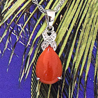 Beautiful Hawaiian Genuine Red Coral Pendant, 14KT Solid White-Gold Red Coral Diamond Pendant, P5335 Birthday Mom Gift, Statement PC