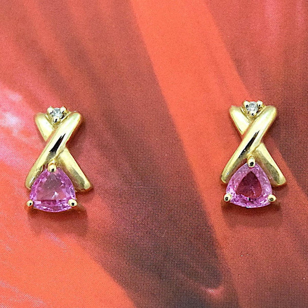 Gorgeous Hawaiian Genuine Pink Sapphire Earring, 14KT Solid Yellow-Gold Pink Sapphire Diamond Stud Earring E5455 Birthday Mom Wife Gift