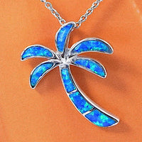 Beautiful Hawaiian Blue Opal Palm Tree Necklace, Sterling Silver Blue Opal Palm Tree Pendant, N6014 Birthday Valentine Mom Gift